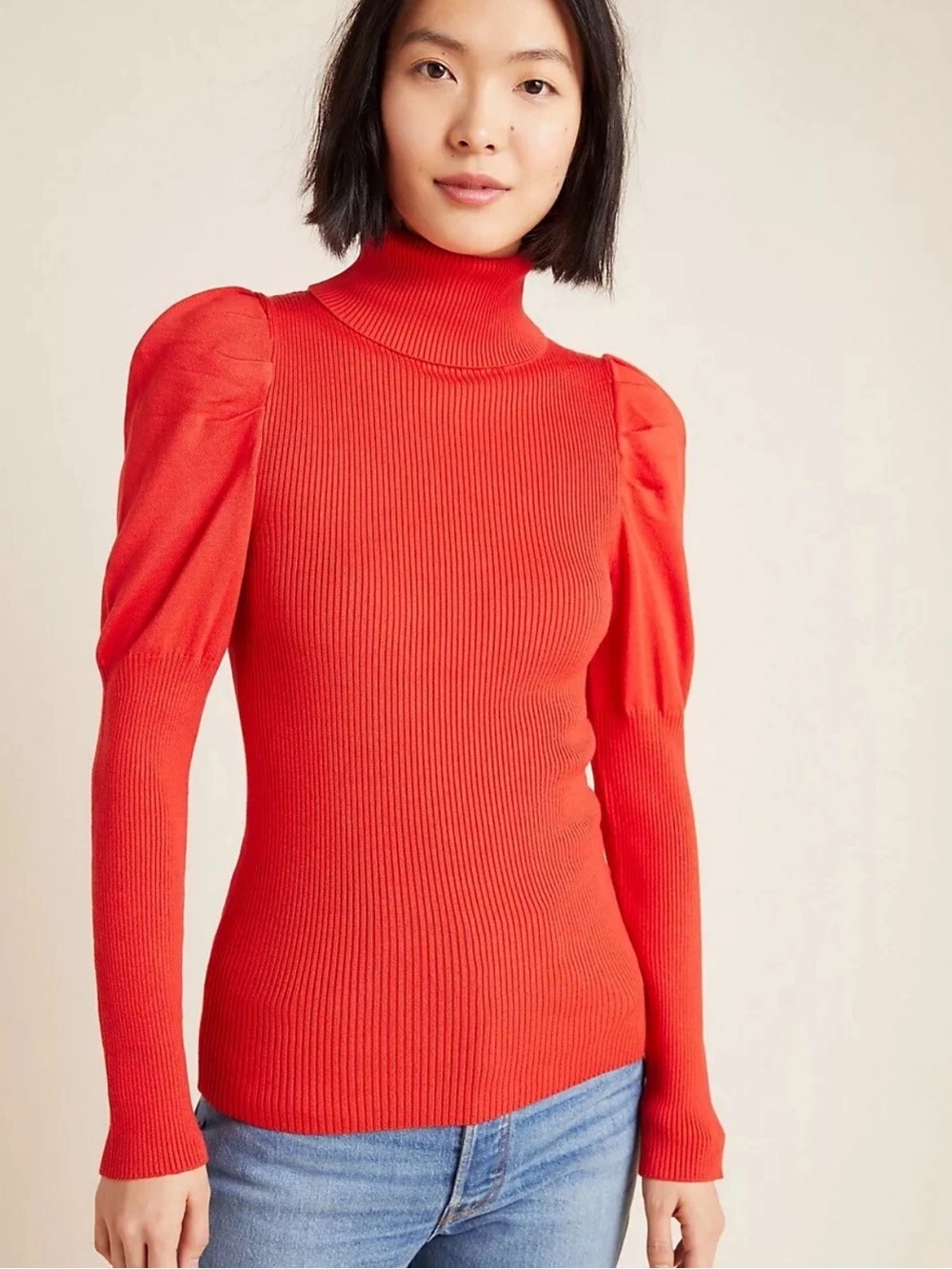 Anthropologie Cecilia Ribbed Puff Sleeve Turtleneck Sweater Red XS